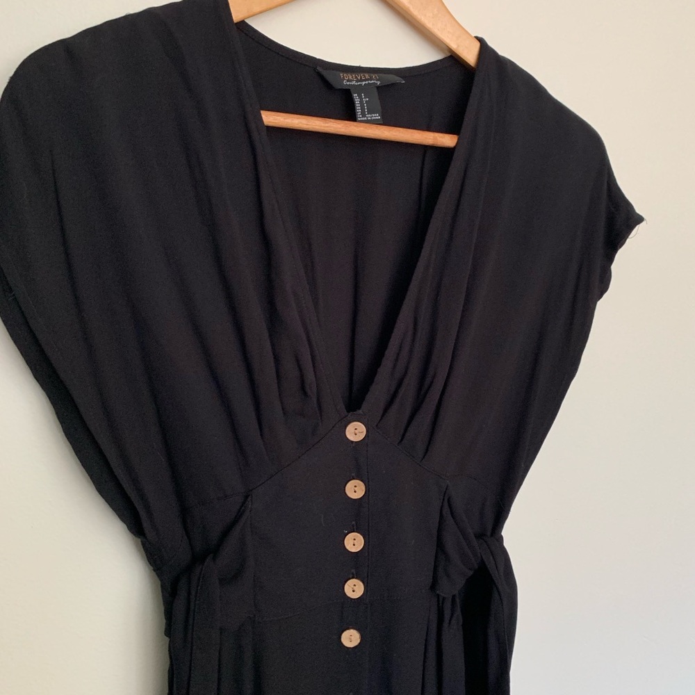 Sz Small | Black Midi Dress | Button + Tie Detail